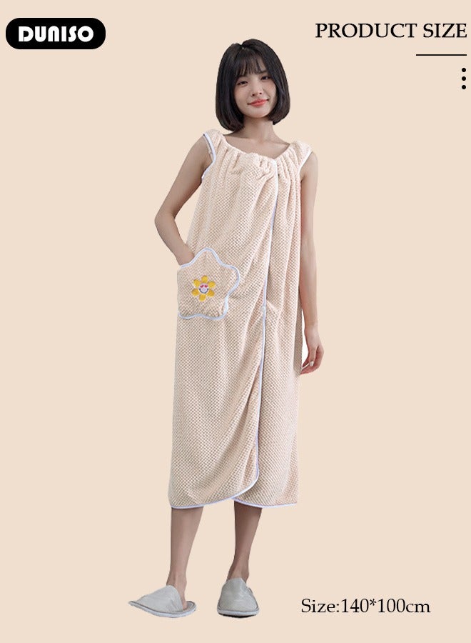 DUNISO Women Bath Robe With Pocket, Off-shoulder Wearable Bath Towel With Snap Button, Bathrobe Suitable For Sauna Beach Swimming Pool Gym Travel - Image 4
