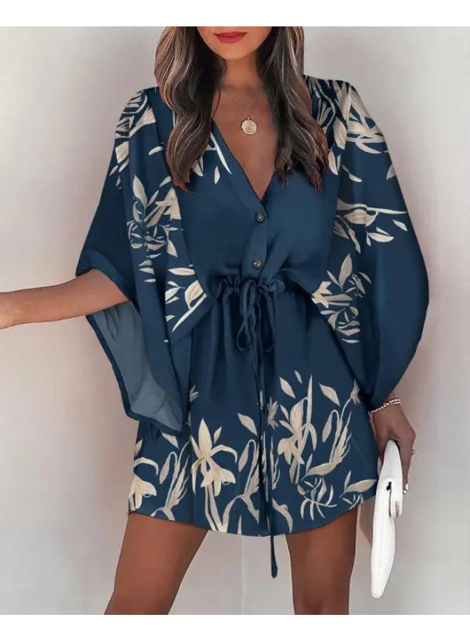European And American Summer Flying Sleeves Explosions V-neck Lace-up Casual Vacation Dress Women's Clothing