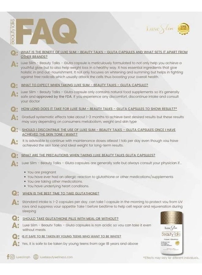 Luxe Slim Beauty Talks Glutathione Chitosan Capsules 60 Capsules 700mg Beauty Supplement - Image 5