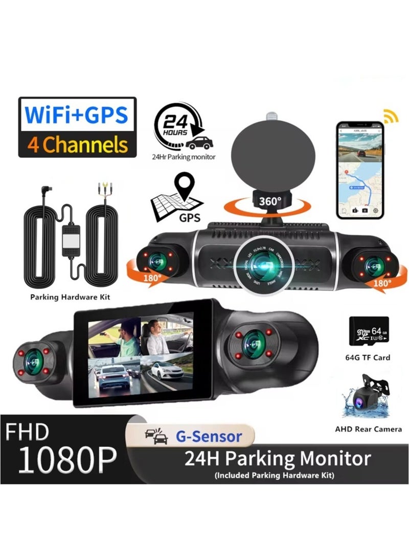 ليسو Dash Cam, 4 Channel FHD 1080P, 360° All-Around Car DVR System, Built-in WiFi and GPS, Adjustable Lens Dash Camera for Cars with Night Vision, G-Sensor, 24 Hours Parking Mode(Included 64G Card) - Image 1