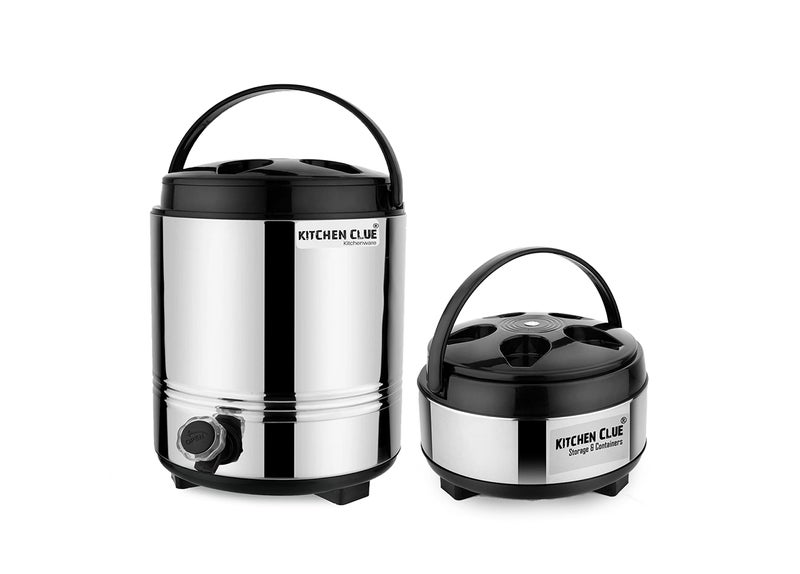 KITCHEN CLUE Stainless Steel Insulated Water Jug (5 Liter) & Serving Casserole (2500 ML) - Silver & Black - BPA Free - PUF Insulated - Keeps Food Or Beverages Hot & Cold - Thermoware Combo Set - Image 1