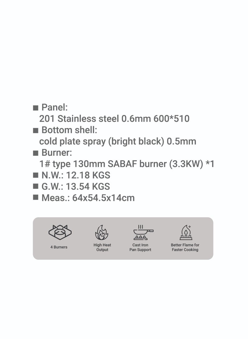Flexy Built-In Gas Hob FKH465SD, 4 Burners, 3.3KW SABAF Burner, Stainless Steel Panel, Cast Iron Support, High Heat, 2-Year Warranty - Image 4