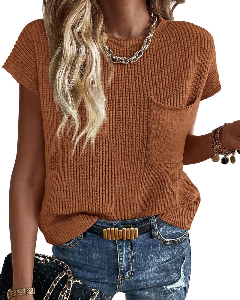 KIRUNDO Spring Summer Short Sleeve Sweater for Women 2026 Casual Sweater Vest Cotton Knit Pullover Tank Tops Fashion Clothing(Rust, Medium) - Image 1