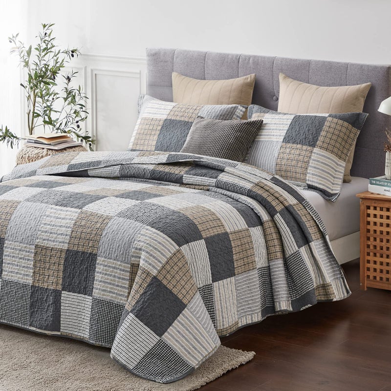 PANGUSHAN 100% Cotton Quilt Set King Size,Patchwork Plaid Bedding Bedspreads,Farmhouse Lightweight Comforter Reversible Quilt,White/Gray/Grey/Tan/Black/Cream Bed Spread King,3 Pieces - Image 3