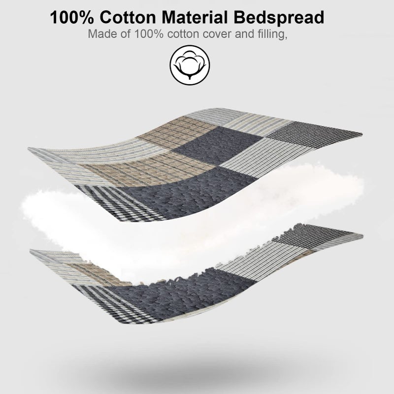 PANGUSHAN 100% Cotton Quilt Set King Size,Patchwork Plaid Bedding Bedspreads,Farmhouse Lightweight Comforter Reversible Quilt,White/Gray/Grey/Tan/Black/Cream Bed Spread King,3 Pieces - Image 5