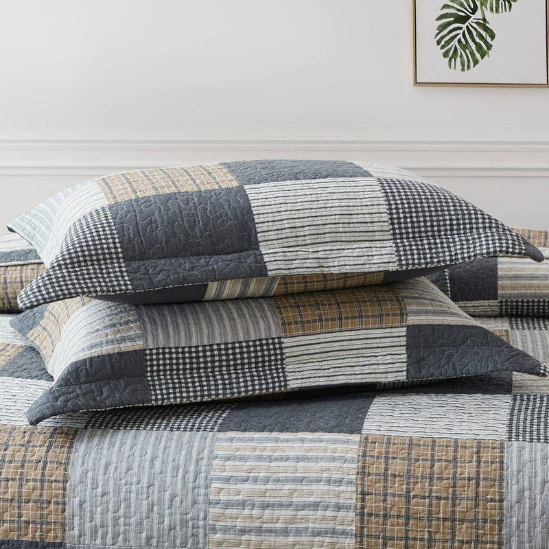 PANGUSHAN 100% Cotton Quilt Set King Size,Patchwork Plaid Bedding Bedspreads,Farmhouse Lightweight Comforter Reversible Quilt,White/Gray/Grey/Tan/Black/Cream Bed Spread King,3 Pieces - Image 4