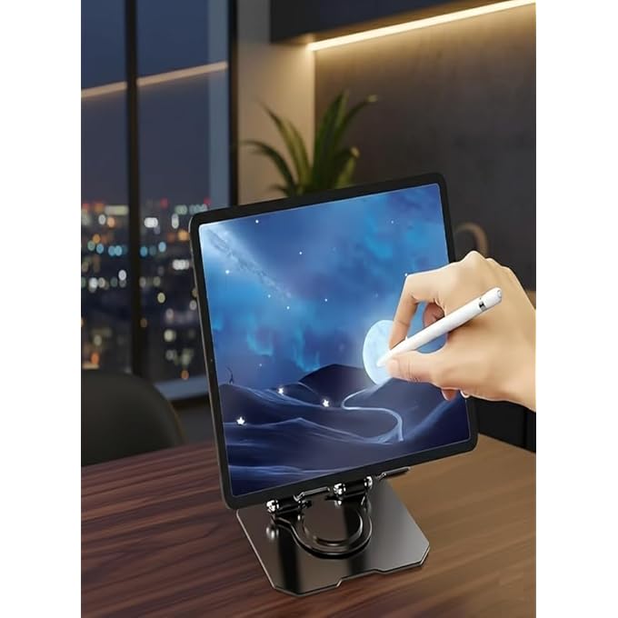 حامل جهاز لوحي للمكتب، حامل آيباد قابل للتعديل من الألمنيوم قابل للتدوير بزاوية 360°، هاتف قابل للطي بارتفاع قابل للتعديل وحامل لوحي متوافق مع آيباد برو/إير/ميني، جهاز جالاكسي تاب، 4 أجهزة بحجم 13 يورو (أسود) - Image 2