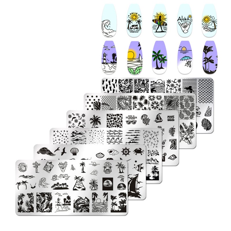 JERCLITY 6pcs Seaside Scenery Nail Stamping Plate Nail Stamping Kit for Nails Summer Beach Coconut Trees Sunset Waves Sea Animals Image Plates Nail Art Design Template Print Nail Stamper Kit for Women