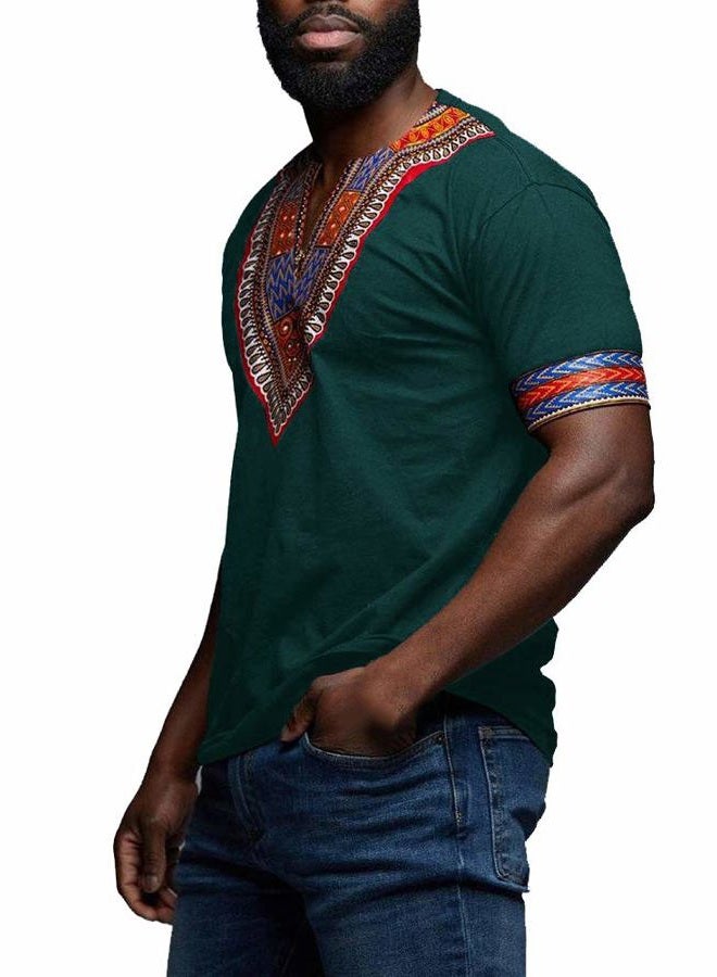 Makkrom Mens African Dashiki T Shirt Tribal Floral Print V Neck Slim Fit Shirts Tops - Image 2