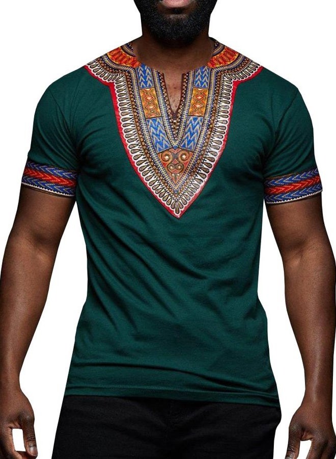 Makkrom Mens African Dashiki T Shirt Tribal Floral Print V Neck Slim Fit Shirts Tops - Image 1