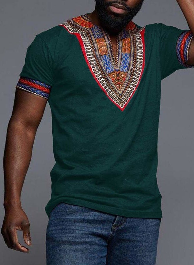 Makkrom Mens African Dashiki T Shirt Tribal Floral Print V Neck Slim Fit Shirts Tops - Image 3