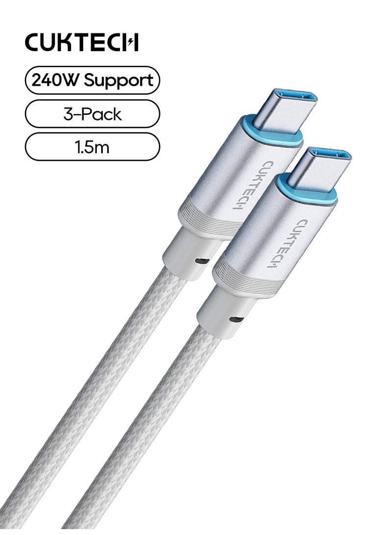 CUKTECH USB C to USB C Cable 3 Pack, 240W Fast Charging Type C Cord 1.5m PD 3.1 High Speed Data Sync Braided Charger Cable For MacBook Pro, Laptops, iPhone, Samsung & iPad - White - Image 1