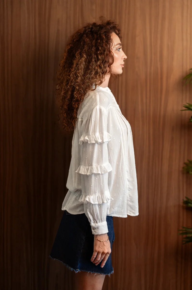 فيرجيو Viscose Tops Workwear With Pintuck Lace Ruffle Sleeves for Women
