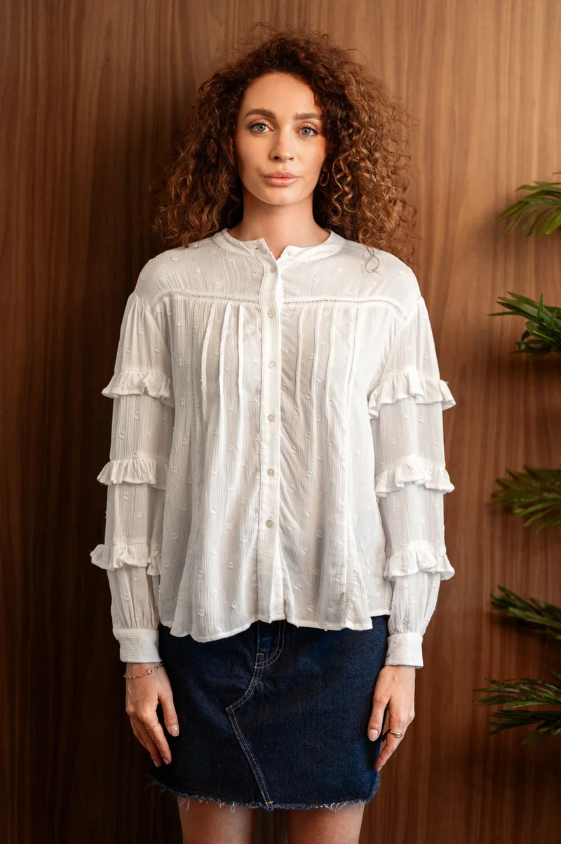 فيرجيو Viscose Tops Workwear With Pintuck Lace Ruffle Sleeves for Women