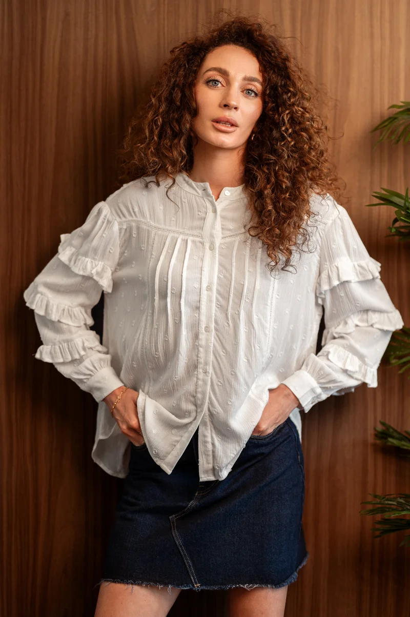 فيرجيو Viscose Tops Workwear With Pintuck Lace Ruffle Sleeves for Women