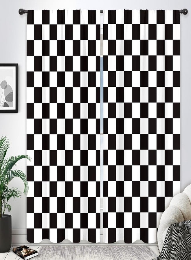 Riyidecor Black and White Car Curtains Cute Checkered Hippie Retro Classic Vintage Y2K Abstract Groovy Aesthetic Rod Pocket Trendy Modern Bedroom Living Room Treatment Fabric 2 Panels 52Wx84H Inch - Image 1