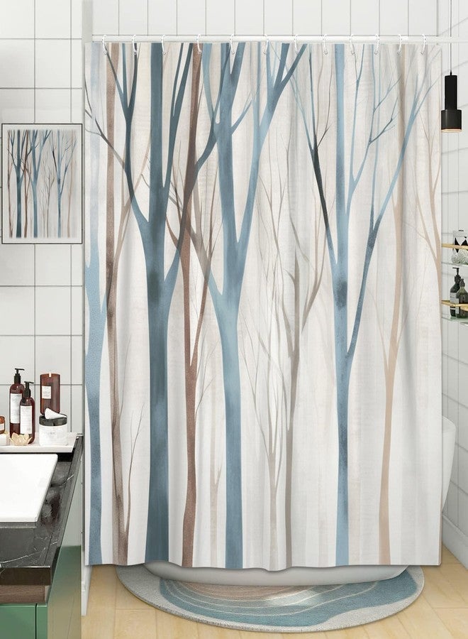MERCHR Brown Blue Tree Fabric Shower Curtain, Art Style Abstract Birch Forest Rustic Wood Polyester Fabric Waterproof Bath Curtain, Farmhouse Bathroom Shower Curtains with Hooks 72X72 inch - Image 3
