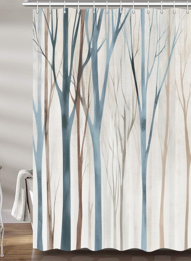 MERCHR Brown Blue Tree Fabric Shower Curtain, Art Style Abstract Birch Forest Rustic Wood Polyester Fabric Waterproof Bath Curtain, Farmhouse Bathroom Shower Curtains with Hooks 72X72 inch - Image 1