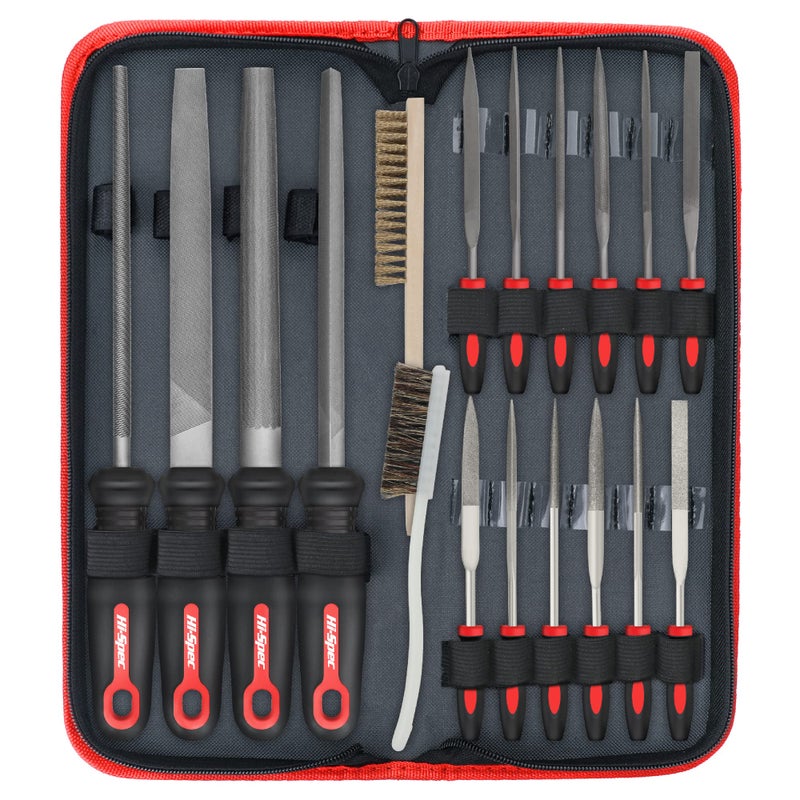 Hi-Spec مجموعة أدوات ملفات معدنية يدوية وإبر 18 قطعة من هاي-سبك. ملفات مسطحة، نصف دائرية، دائرية، مثلثة من الفولاذ الكربوني T12، كبيرة وصغيرة، لمشاريع DIY، الخشب والحرف اليدوية. كاملة في حقيبة بسحاب مع فرش. - Image 1