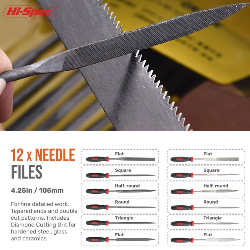 Hi-Spec مجموعة أدوات ملفات معدنية يدوية وإبر 18 قطعة من هاي-سبك. ملفات مسطحة، نصف دائرية، دائرية، مثلثة من الفولاذ الكربوني T12، كبيرة وصغيرة، لمشاريع DIY، الخشب والحرف اليدوية. كاملة في حقيبة بسحاب مع فرش. - Image 4