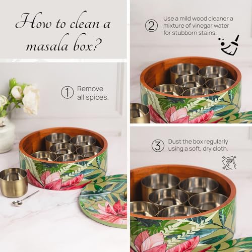 nestroots Wooden Masala Box for Kitchen | 9-Inch Spice Organizer with 7 Stainless Steel Jars | Anjarai Petti | Masala Dani for Spices, Dry Fruits & Cereals | Green Finish - Image 3