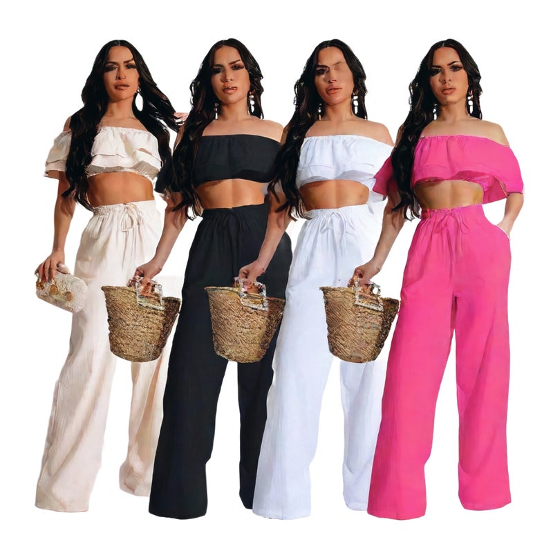 Women's Off-Shoulder Ruffle Pants Two-Piece Set Casual Lounge Wear - Image 1