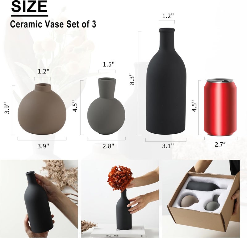 ooit Ceramic Vase Set of 3, Vases Home Decor Rustic Farmhouse Decor Pottery Vases for Bouquet Pampas Grass Dried Fresh Flowers, Living Room, Kitchen, Bedroom, Bathroom, Entryway Mantel, Decor -Multicolor - Image 2