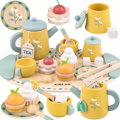 Airlab Tea Sets for Toddlers 35 Girl Birthday Gift 3 Year Old Princess Party Wooden Play Food Toy Sets for Kids Kitchen Accessories Age 3 4 5 6 Wood Educational Toys - Image 1