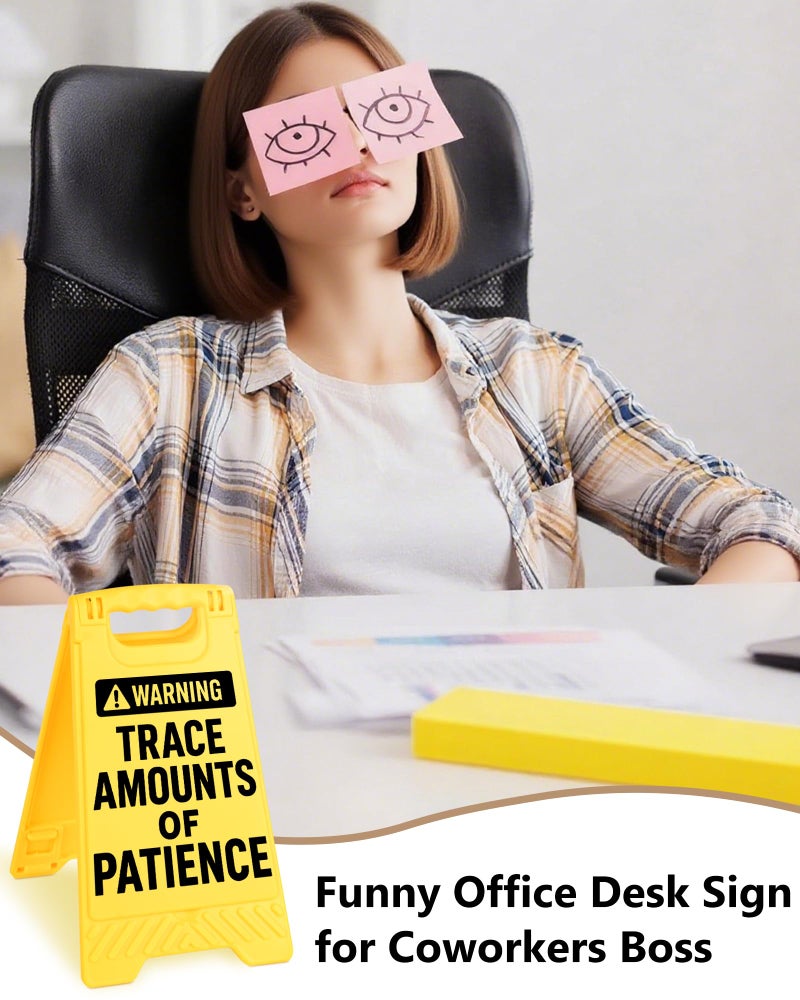 EXUBERIUM Warning Trace Amounts of Patience Funny Reminder Desk Sign Yellow Warning Style Office Table Decorative Gift for Coworkers Friends Home Workspace Phone Holder Mirror Acrylic Cubicle Tabletop Sign - Image 5