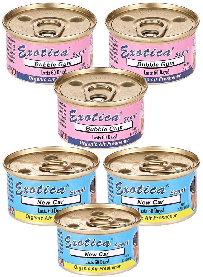 EXOTICA باقة قيمة من معطرات الهواء العضوية EXOTICA 6 قطع، رائحة سيارة جديدة-3 ورائحة علكة-3 - Image 1