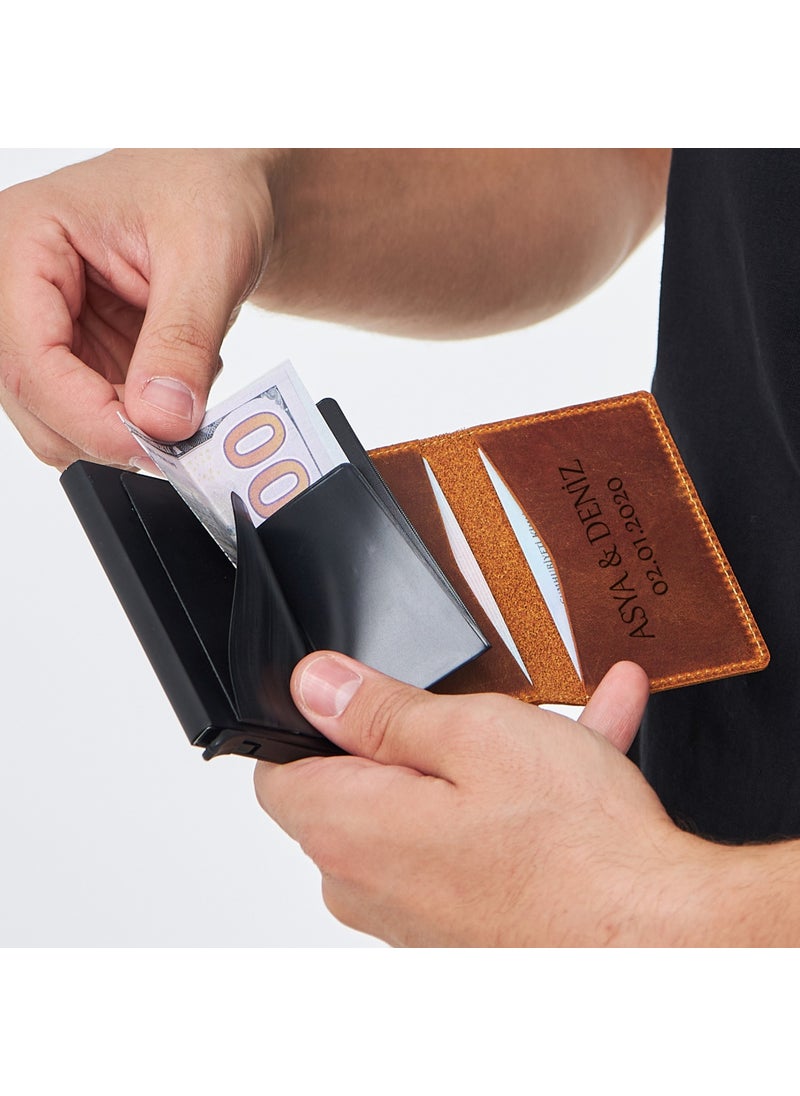 Vagave Name Customized Genuine Leather Smart Mechanism Wallet RFID Protected Men's and Women's Wallet with Money and Card Compartment Card Holder Mustard  - Image 3
