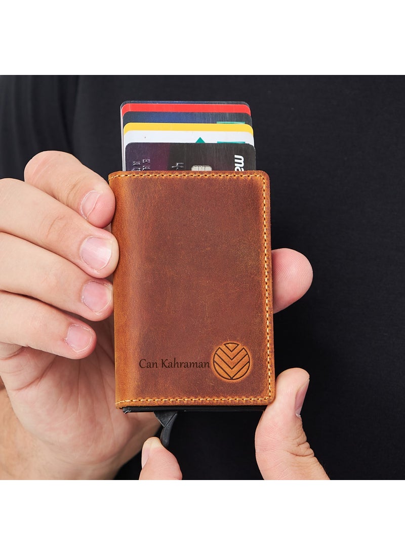 Vagave Name Customized Genuine Leather Smart Mechanism Wallet RFID Protected Men's and Women's Wallet with Money and Card Compartment Card Holder Mustard  - Image 1