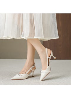 2024 Summer Pointed Kitten Heel Mules with Metal Buckle Creamy-white