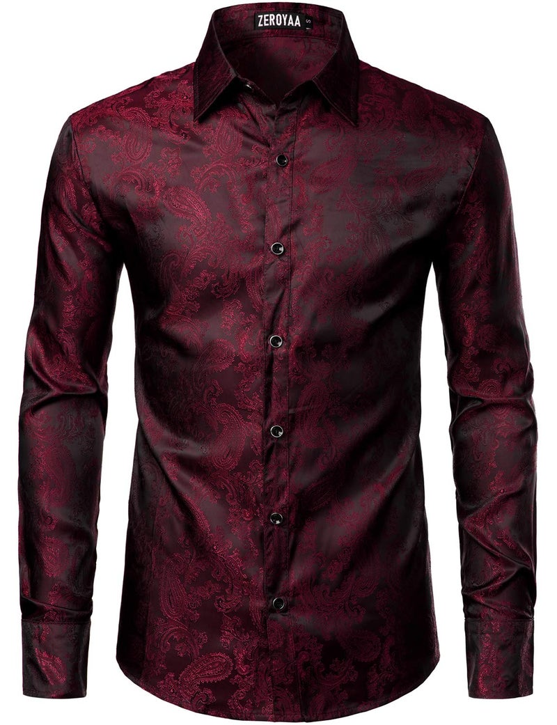 ZEROYAA Men's Paisley Jacquard Slim Fit Long Sleeve Button Up Dress Shirt for Party Prom ZLCL28-Burgundy X-Large - Image 3