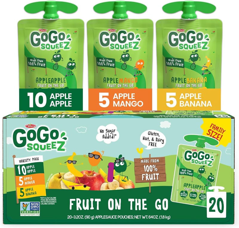 GoGo squeeZ Applesauce and Fruit Puree Variety Pack, Apple, Mango & Banana, 3.2 oz (Pack of 20), Unsweetened Fruit Snacks for Kids, Gluten Free, Nut Free, BPA Free Pouches (Packaging May Vary) - Image 1