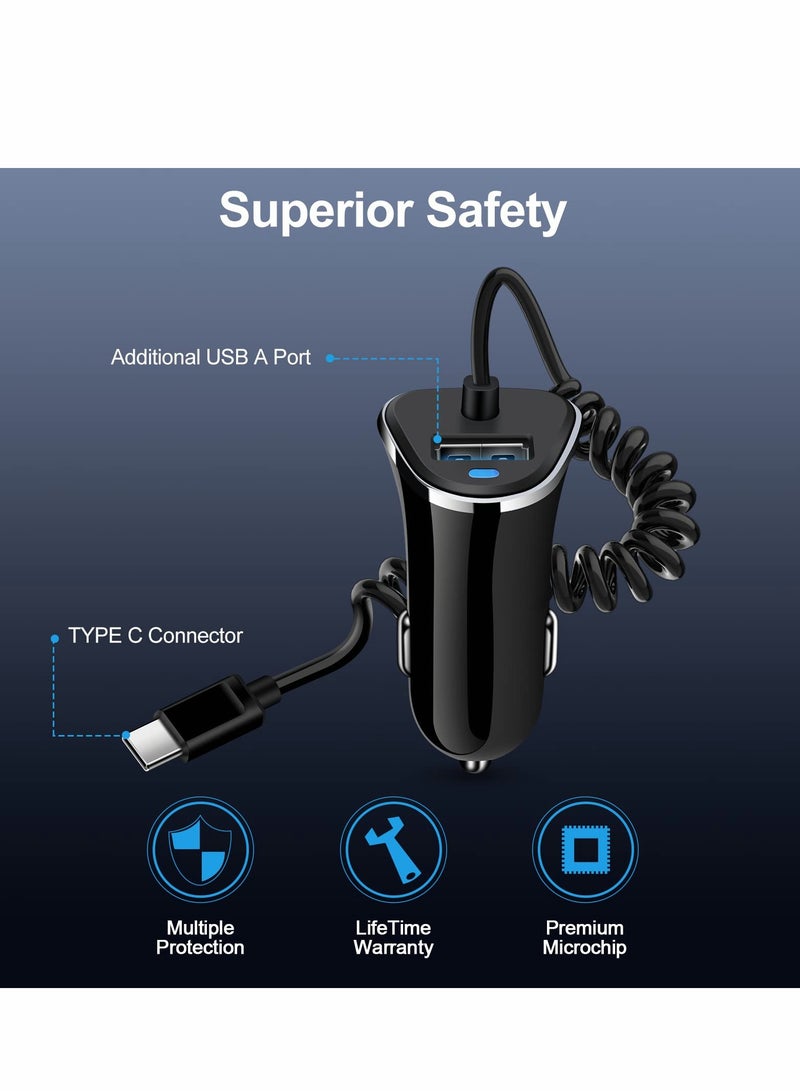 Fast Charging USB C Car Charger with 5ft Coiled Cable, Compatible with Samsung Galaxy Z Fold 4, S22 Ultra, Note 20, 3.4A - Image 3