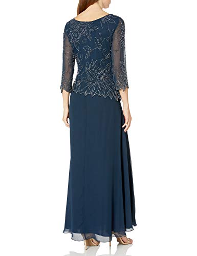 J Kara Women's 3/4 Floral Beaded Pop Over Gown Dress, Navy/Luster/Grey, 12 - Image 4