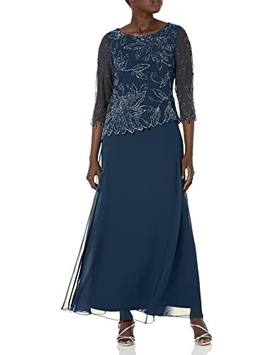 J Kara Women's 3/4 Floral Beaded Pop Over Gown Dress, Navy/Luster/Grey, 12 - Image 1