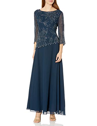 J Kara Women's 3/4 Floral Beaded Pop Over Gown Dress, Navy/Luster/Grey, 12 - Image 5