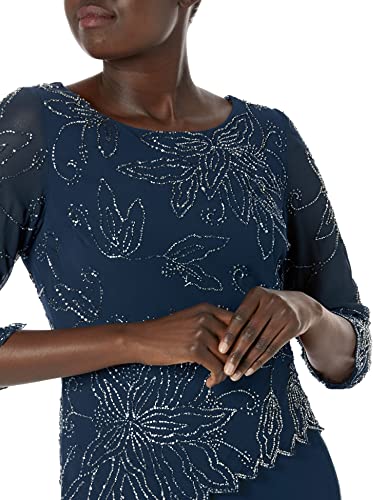 J Kara Women's 3/4 Floral Beaded Pop Over Gown Dress, Navy/Luster/Grey, 12 - Image 3