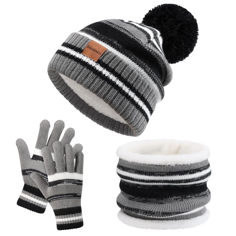 Bessteven Kids Winter Hat Gloves Scarf Set: Hats Beanie Scarf Gloves Set with Thick Warm Fleece Lined For Ages 6-10 Girls Boys Children Black - Image 1