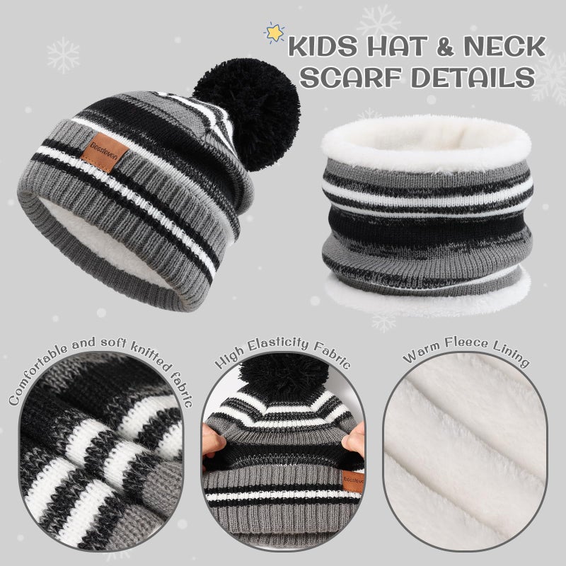 Bessteven Kids Winter Hat Gloves Scarf Set: Hats Beanie Scarf Gloves Set with Thick Warm Fleece Lined For Ages 6-10 Girls Boys Children Black - Image 3