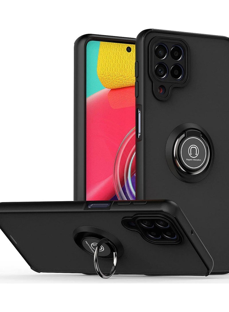 حافظة سيليكون واقية مع حلقة مغناطيسية معدنية دوارة 360 درجة وحامل لهاتف سامسونج جالاكسي M53 5G باللون الأسود