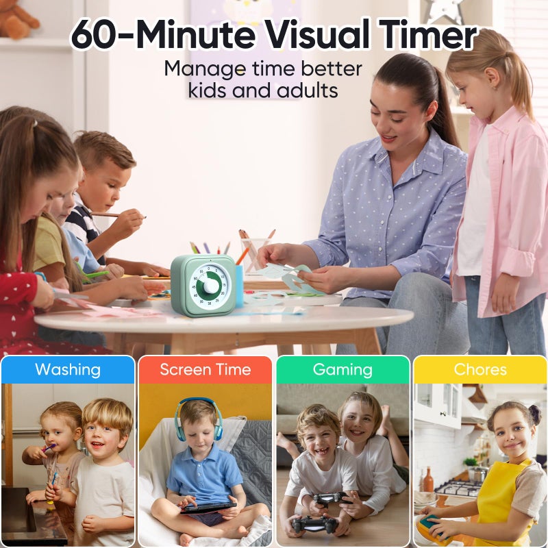 Nixroork 60 Minute Visual Timer for Kids, Silent Countdown Clock, Time Management Tool for Homeschool Study Supplies, Classroom, Home, Kitchen, Desk (Green) - Image 3