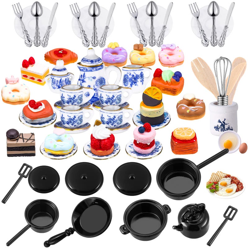 Sinmoe 62 Pcs 112 Scale Miniature Dollhouse Kitchen Accessories Miniature Tea Cup Pots Resin Cake Set Include 16 Mini Plates Knife Fork Spoon 6 Egg Beater Utensil 10 Mini Stovetop Cookware 15 Pretend Food - Image 3
