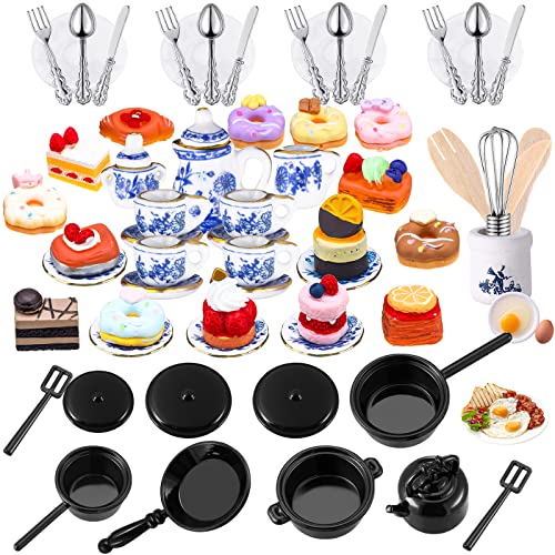 Sinmoe 62 Pcs 112 Scale Miniature Dollhouse Kitchen Accessories Miniature Tea Cup Pots Resin Cake Set Include 16 Mini Plates Knife Fork Spoon 6 Egg Beater Utensil 10 Mini Stovetop Cookware 15 Pretend Food - Image 1