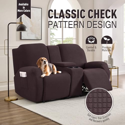 TAOCOCO Loveseat Recliner Cover with Middle Console, Stretch Loveseat Cover for 2 Seat Recliner Couch, Jacquard Reclining Sofa Covers Loveseat Slipcover Furniture Protector, Chocolate - Image 2