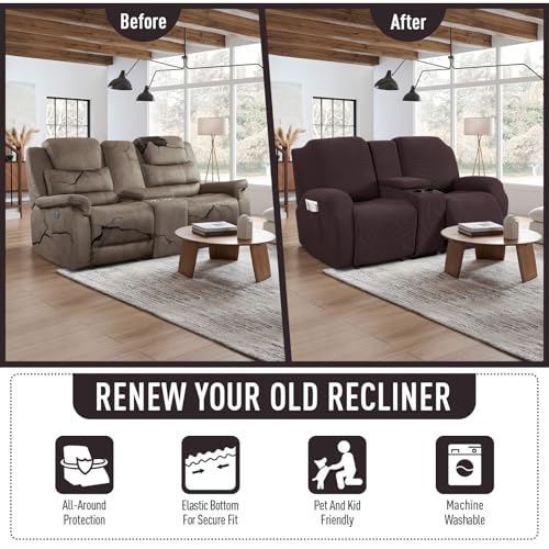 TAOCOCO Loveseat Recliner Cover with Middle Console, Stretch Loveseat Cover for 2 Seat Recliner Couch, Jacquard Reclining Sofa Covers Loveseat Slipcover Furniture Protector, Chocolate - Image 4