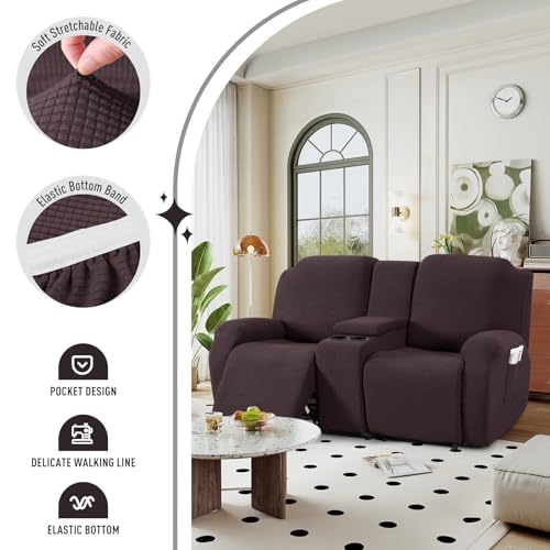 TAOCOCO Loveseat Recliner Cover with Middle Console, Stretch Loveseat Cover for 2 Seat Recliner Couch, Jacquard Reclining Sofa Covers Loveseat Slipcover Furniture Protector, Chocolate - Image 3