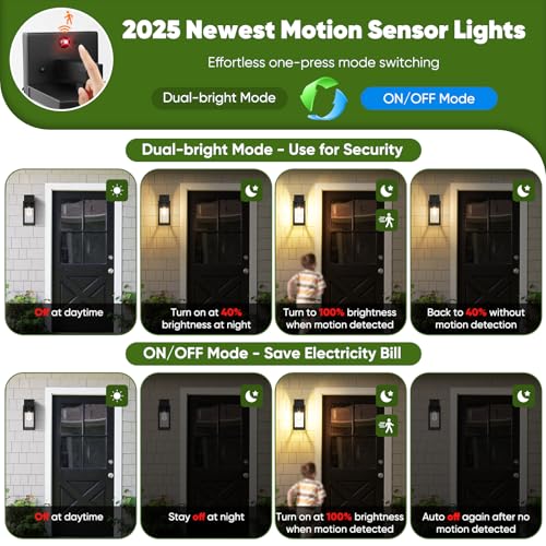 BesLowe 13" Upgraded Motion Sensor Outdoor Wall Lights, 2-Pack Dusk to Dawn Porch Light Outdoor Wall Sconce Lanterns, 3 Lighting Modes Exterior Lighting Fixtures, Black Outside Lights for House Garage - Image 3